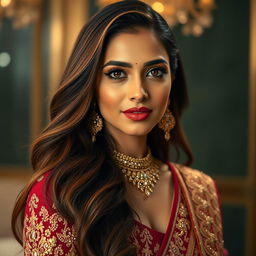 A stunning portrait of an elegant woman resembling Deepika Padukone, featuring her striking features and long, flowing hair