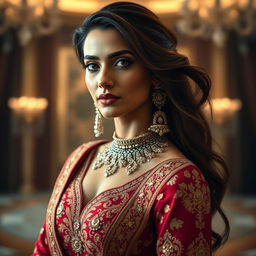 A stunning portrait of an elegant woman resembling Deepika Padukone, featuring her striking features and long, flowing hair