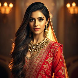 A stunning portrait of an elegant woman resembling Deepika Padukone, featuring her striking features and long, flowing hair