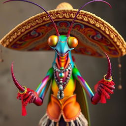 A realistic and beautiful male insect humanoid character, featuring a vibrant mantis-inspired face displaying a happy expression