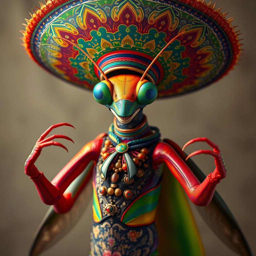 A realistic and beautiful male insect humanoid character, featuring a vibrant mantis-inspired face displaying a happy expression