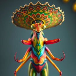 A realistic and beautiful male insect humanoid character, featuring a vibrant mantis-inspired face displaying a happy expression