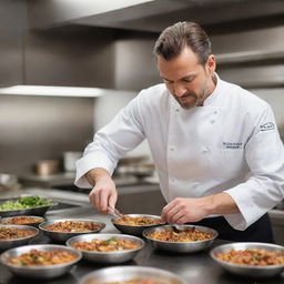 A professional chef in a bustling kitchen, energetically preparing an exquisite gourmet dish.