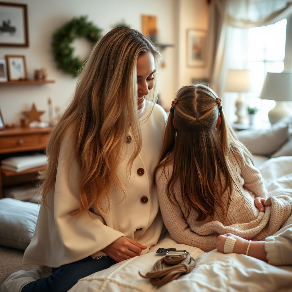 A mother sitting in a cozy room with her daughter and son