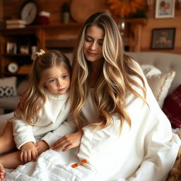 A mother sitting in a cozy room with her daughter and son