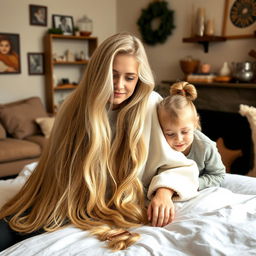 A mother sitting in a cozy room with her daughter and son