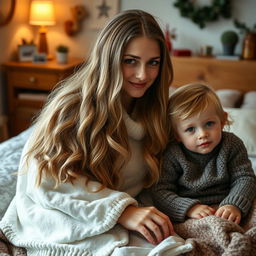 A mother sitting in a cozy room with her daughter and son