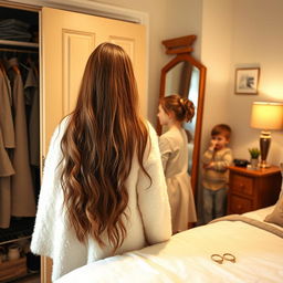 A mother standing beside a closet with her daughter near a mirror and her son in a cozy room