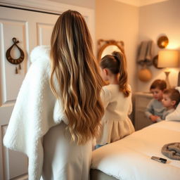 A mother standing beside a closet with her daughter near a mirror and her son in a cozy room