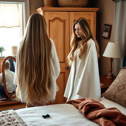 A mother standing beside a closet with her daughter near a mirror and her son in a cozy room