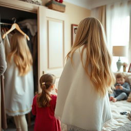 A mother standing beside a closet with her daughter near a mirror and her son in a cozy room