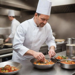 A professional chef in a bustling kitchen, energetically preparing an exquisite gourmet dish.