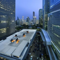 A robust helipad atop a SWAT premises in a bustling central business district, hosting five state-of-the-art helicopters ready for deployment.