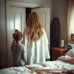 A mother standing beside a closet in a cozy room with her daughter near a mirror and her son present