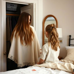 A mother standing beside a closet in a cozy room with her daughter near a mirror and her son present