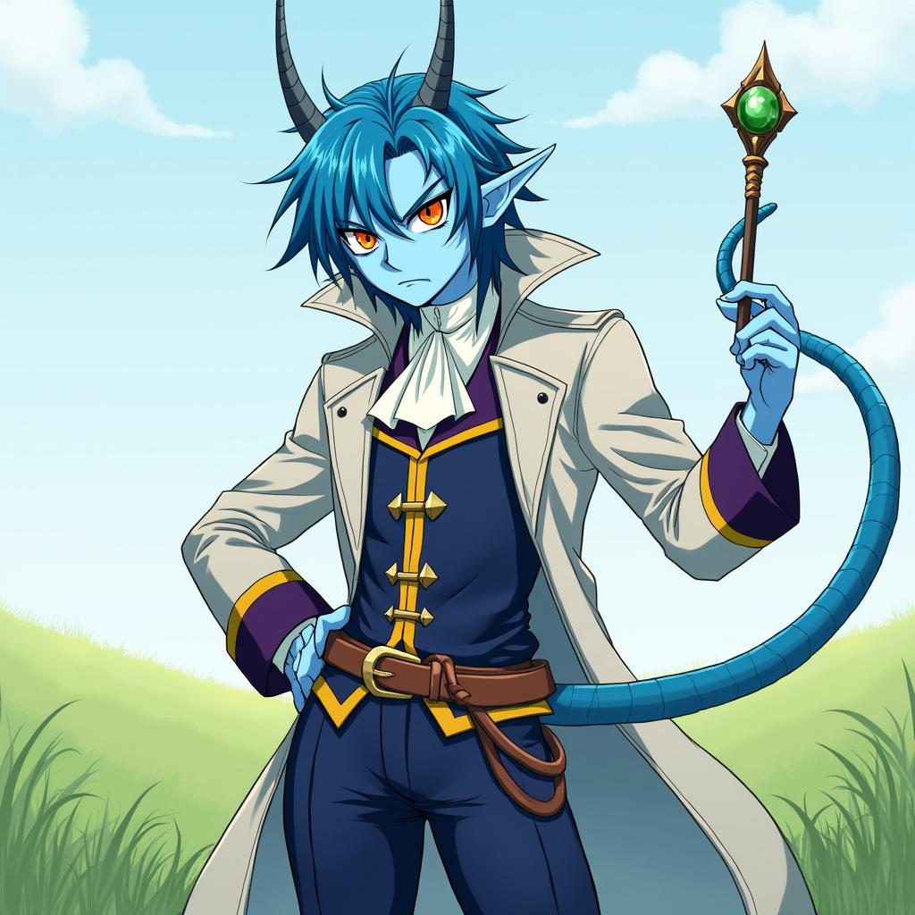 An anime-style illustration inspired by Grimgar of Fantasy and Ash featuring a tiefling man with striking ice blue skin and bright ice blue hair