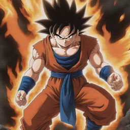 The distressed explorer, dashed towards the fallen Goku, the flaming aura framing his grief. His figure dominates the scene, evoking a strong sense of urgency and sorrow.