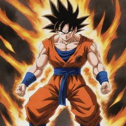 The distressed explorer, dashed towards the fallen Goku, the flaming aura framing his grief. His figure dominates the scene, evoking a strong sense of urgency and sorrow.