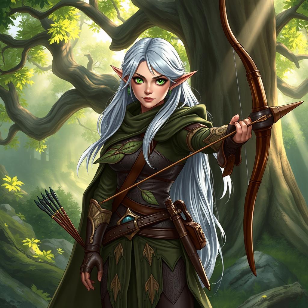 A detailed illustration of a Dungeons and Dragons character, showcasing a female elf ranger in a mystical forest setting