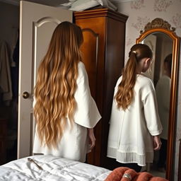 A mother standing beside a wardrobe in a cozy room, with long, soft, flowing hair that is not tied up