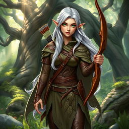 A detailed illustration of a Dungeons and Dragons character, showcasing a female elf ranger in a mystical forest setting