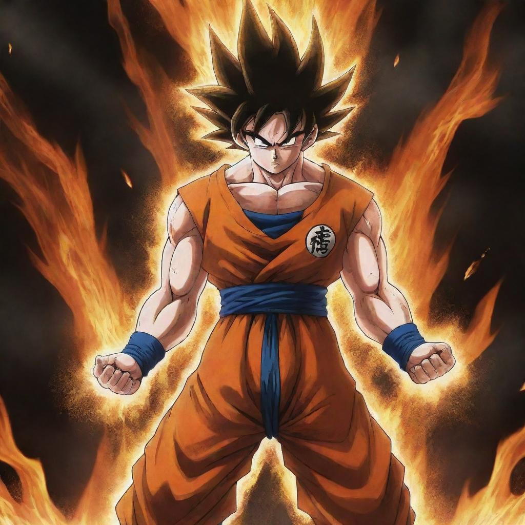 The distressed explorer, dashed towards the fallen Goku, the flaming aura framing his grief. His figure dominates the scene, evoking a strong sense of urgency and sorrow.