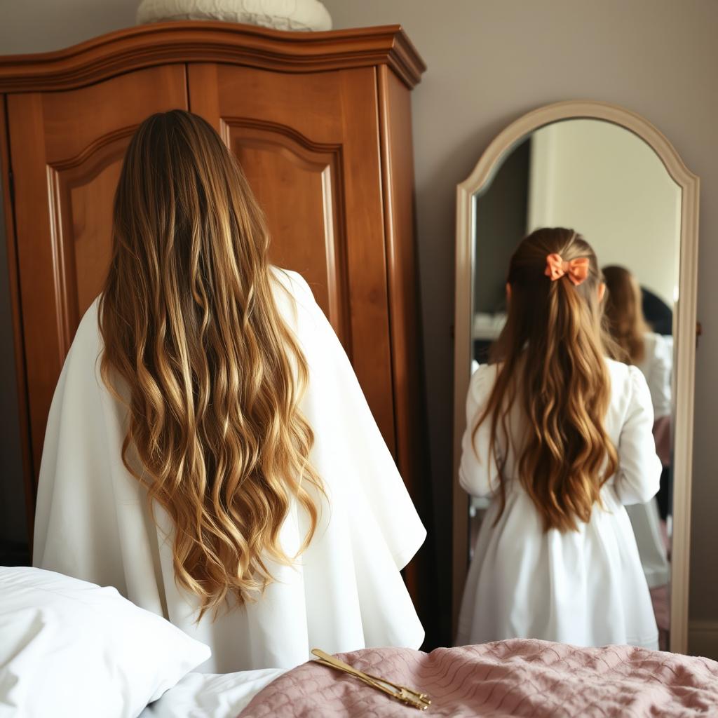 A mother standing beside a wardrobe in a cozy room, with long, soft, flowing hair that is not tied up