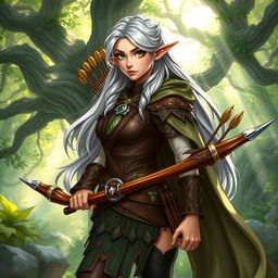 A detailed illustration of a Dungeons and Dragons character, showcasing a female elf ranger in a mystical forest setting