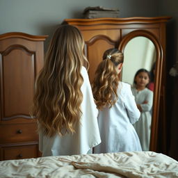 A mother standing beside a wardrobe in a cozy room, with long, soft, flowing hair that is not tied up