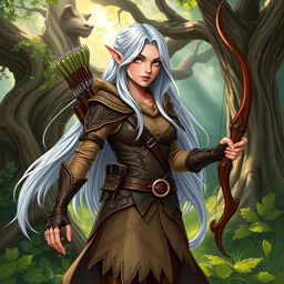 A detailed illustration of a Dungeons and Dragons character, showcasing a female elf ranger in a mystical forest setting