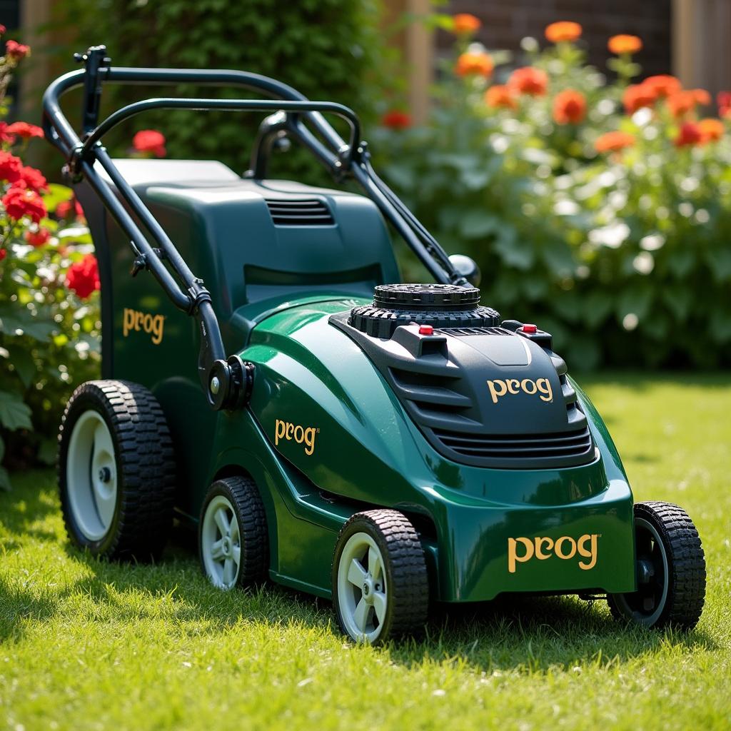 A collection of dark green gardening machines including a lawn mower, a brush cutter, and a chainsaw, all featuring the word 'PROG' elegantly inscribed in golden letters