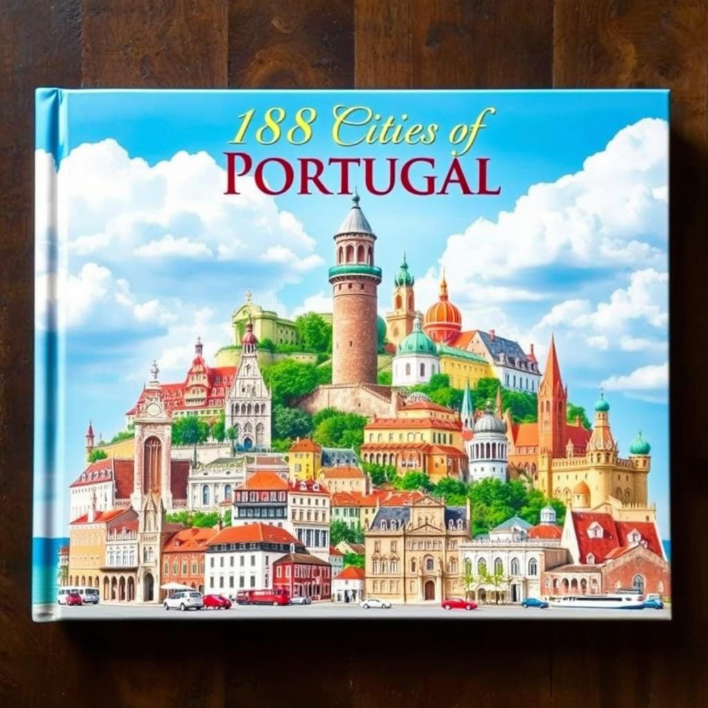 A stunning book cover featuring a collage of 158 iconic cities in Portugal, showcasing picturesque landscapes, historic architecture, vibrant street scenes, and cultural elements