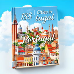 A stunning book cover featuring a collage of 158 iconic cities in Portugal, showcasing picturesque landscapes, historic architecture, vibrant street scenes, and cultural elements