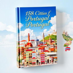 A stunning book cover featuring a collage of 158 iconic cities in Portugal, showcasing picturesque landscapes, historic architecture, vibrant street scenes, and cultural elements