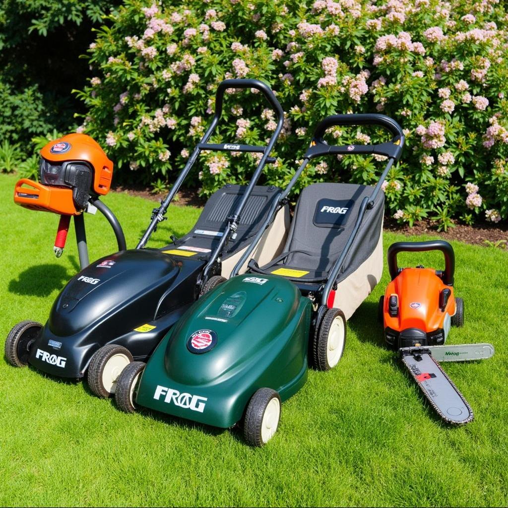 A collection of gardening tools including a lawn mower, a brush cutter, and a chainsaw, all prominently featuring the word 'PROG' inscribed on them