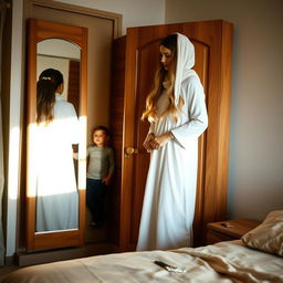 A warm and cozy scene inside a room featuring a mother and her daughter and son