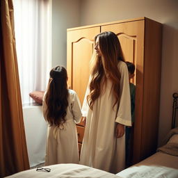 A warm and cozy scene inside a room featuring a mother and her daughter and son