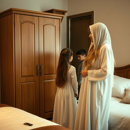 A warm and cozy scene inside a room featuring a mother and her daughter and son