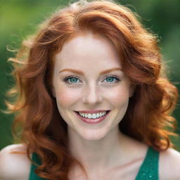 A stunning redhead woman with vivid hair, expressive emerald green eyes, and a sparkling smile.