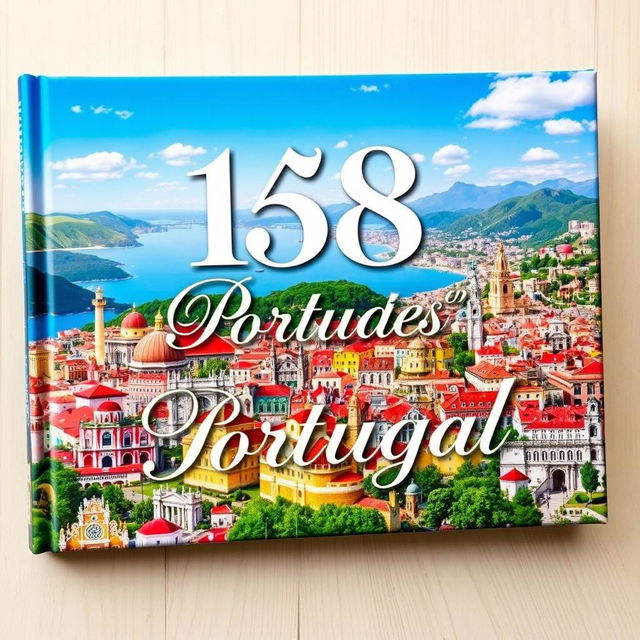 A stunning book cover featuring a beautiful and realistic collage of 158 iconic cities in Portugal