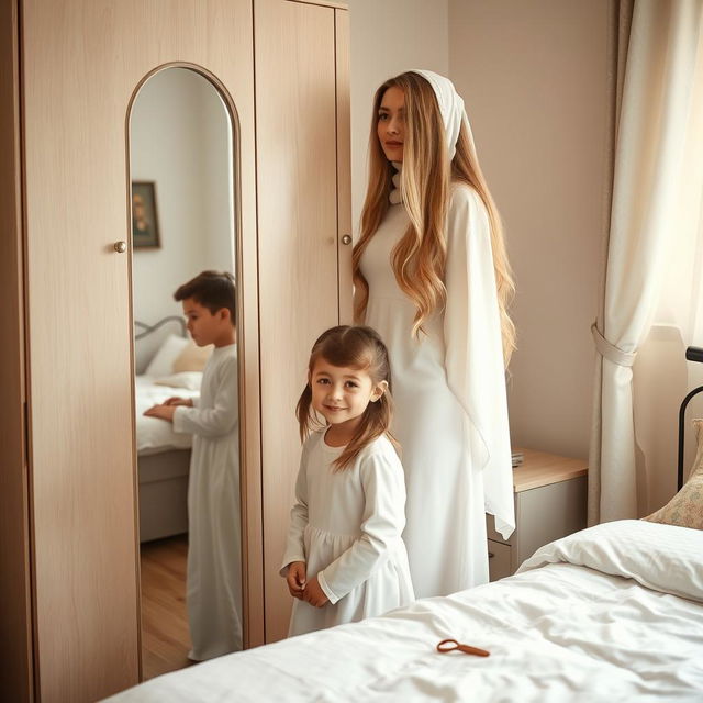 A heartwarming scene of a mother with her daughter and son in a cozy room