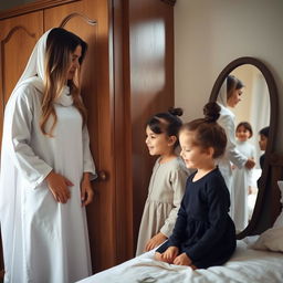 A heartwarming scene of a mother with her daughter and son in a cozy room