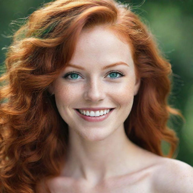 A stunning redhead woman with vivid hair, expressive emerald green eyes, and a sparkling smile.