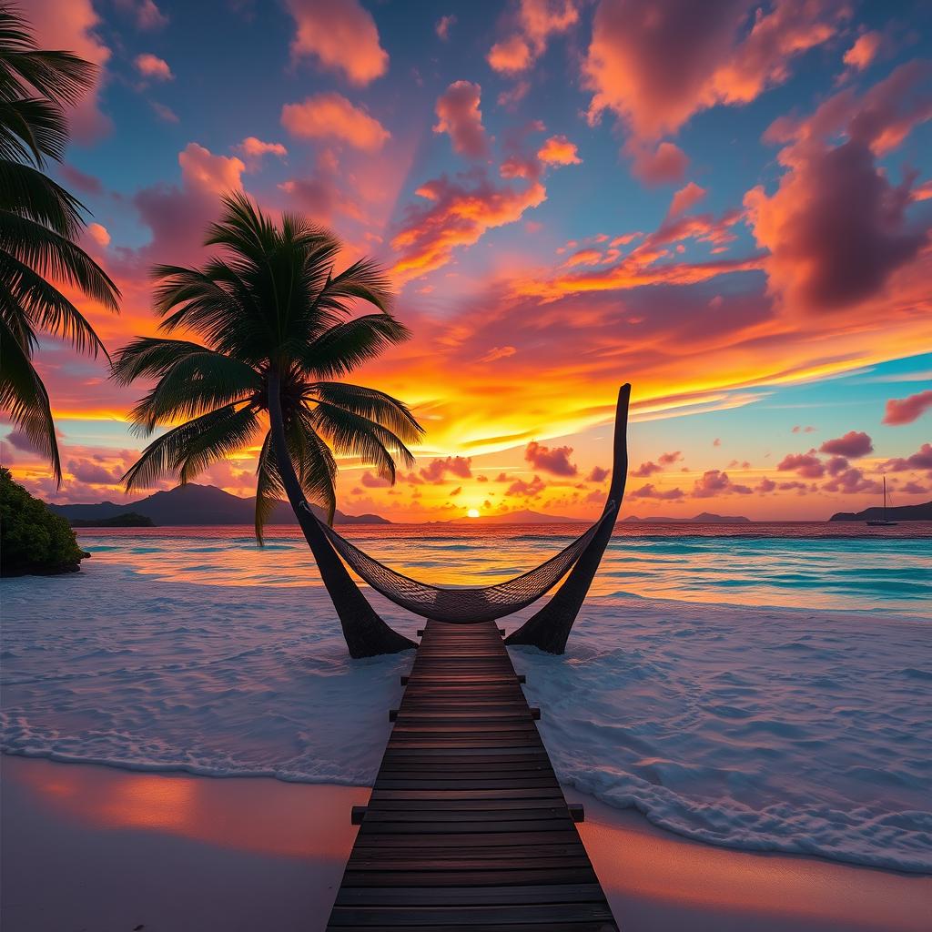 A beautiful and exotic tropical island at sunset, featuring vibrant colors in the sky blending oranges, pinks, and purples