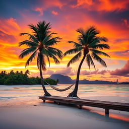 A beautiful and exotic tropical island at sunset, featuring vibrant colors in the sky blending oranges, pinks, and purples