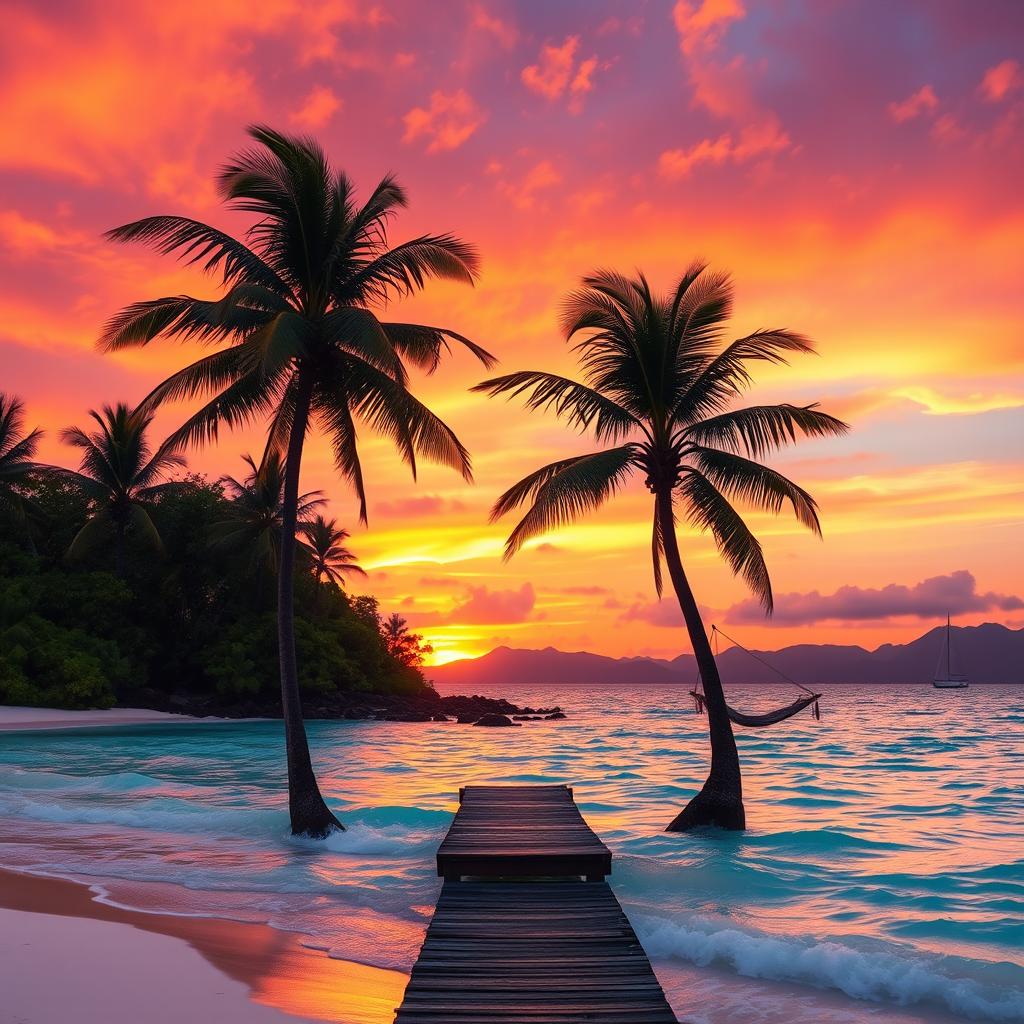 A beautiful and exotic tropical island at sunset, featuring vibrant colors in the sky blending oranges, pinks, and purples