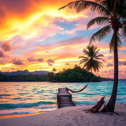 A beautiful and exotic tropical island at sunset, featuring vibrant colors in the sky blending oranges, pinks, and purples