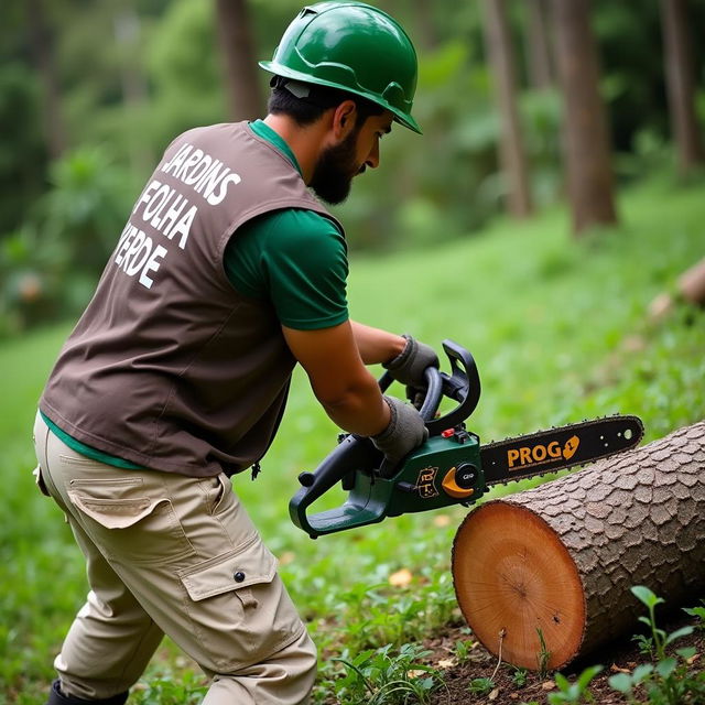 A man wearing a green t-shirt and a brown vest with the words 'Jardins Folha Verde' printed in white letters on the back