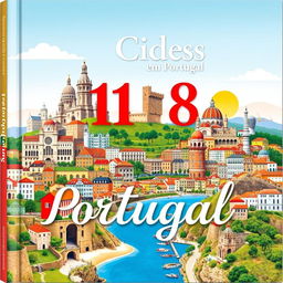 Uma capa de livro impressionante apresentando uma colagem bonita e realista de 158 cidades icônicas de Portugal