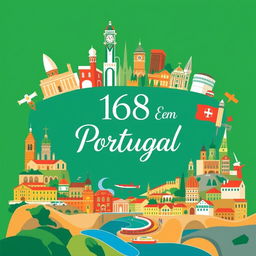 Uma capa de livro impressionante apresentando uma colagem bonita e realista de 158 cidades icônicas de Portugal